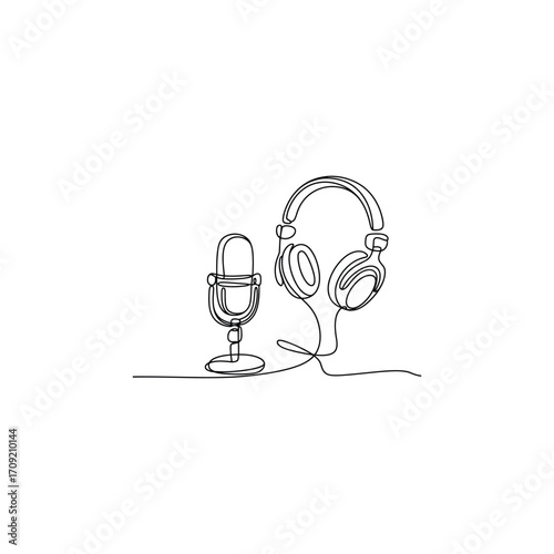 Podcast Studio Setup with Microphone and Headphones Continuous Line Drawing Minimalist Illustration Depicting Audio Recording and Broadcasting Equipment