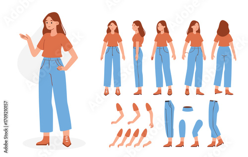 Casual woman character constructor for animation. Front, side and back view. Body parts and postures collection. Vector illustration. 
