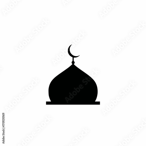 solid black vector silhouette of an islamic mosque dome with crescent moon, white background
