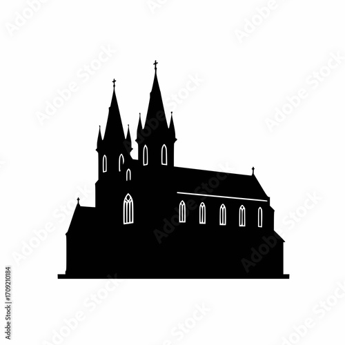 solid black vector silhouette of a medieval church with cross on top, white background