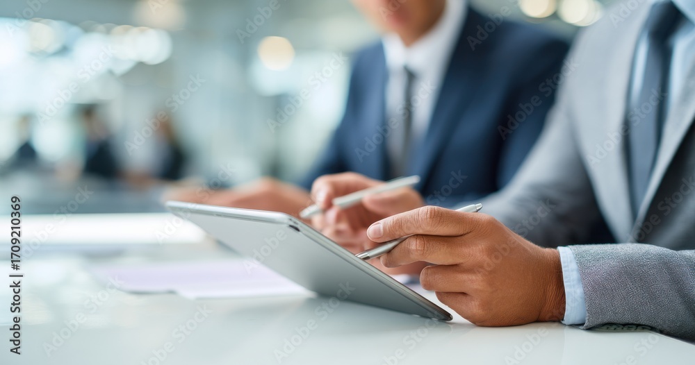 Businesspeople Reviewing Documents on Digital Tablet in Office Meeting