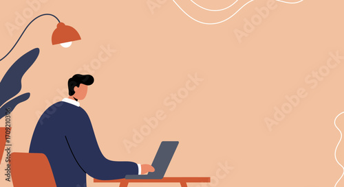Professional man works productively on a laptop in a modern home office setting. Ideal for remote work, business, technology, or educational concepts.