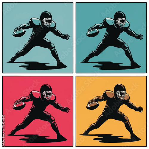 Four stylized images of a football player in a pop art style, each with a different background color.