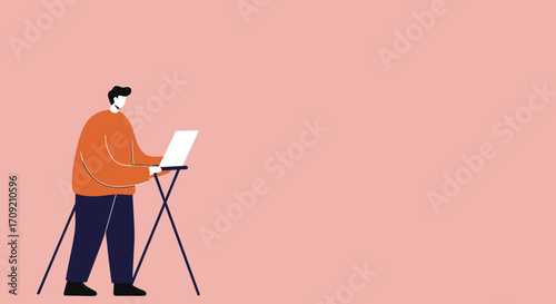A contemporary illustration depicts a focused individual standing at a laptop on a portable desk, embodying remote work and digital productivity against a soft pink backdrop.