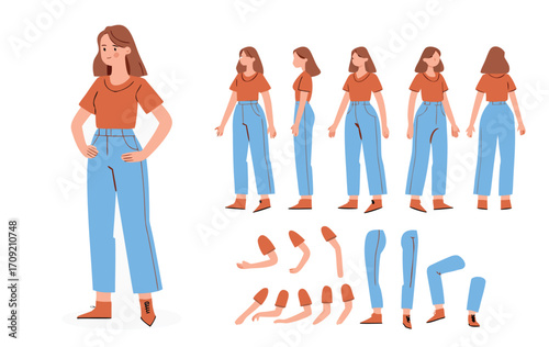 Casual woman character constructor for animation. Front, side and back view. Body parts and postures collection. Vector illustration. 
