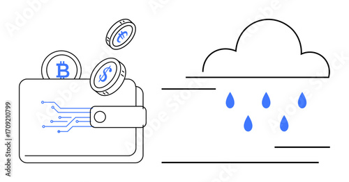 Wallet with cryptocurrency coins and data circuits, cloud with raindrops, symbolizing fintech, blockchain, innovation, savings, economy, data storage investment. Ideal for concepts thumbs up