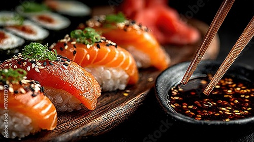 Salmon sushi with sesame and green garnish, soy sauce with sesame in small bowl, chopsticks dipping sauce on dark background, delicious Japanese cuisine scene.
