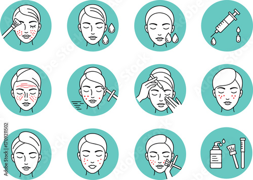 Acne treatment and skincare icons – face cleansing, serum application, acne removal, facial care, cosmetic tools, and skincare routine in modern flat vector style