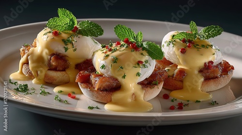 Three Eggs Benedict with poached eggs, flowing hollandaise sauce, bacon, mint leaves, and pink peppercorns on white plate, appetizing brunch dish.