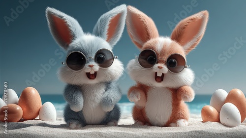 Two cute rabbits with sunglasses, gray - blue and brown - white, on sandy beach with colorful Easter eggs, blue sky and sea in background, cheerful Easter scene.Two cute rabbits with sunglasses, gray 