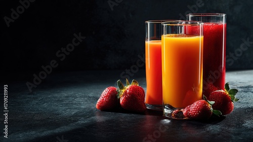 Three glasses of juice, orange and red, with fresh strawberries on dark background, fresh and healthy scene.