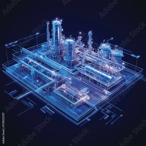 Aerial View Oil Gas Terminal wireframe concept. The premium quality digital wireframe rendering of a coastal oil terminal , vector style simple color