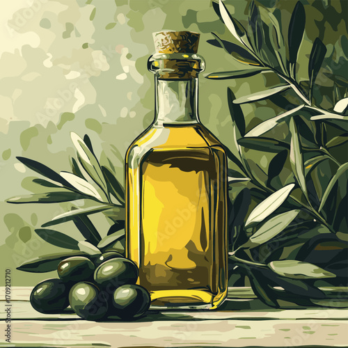 Bottle of olive oil and olives on the table, Generative AI , vector style simple color