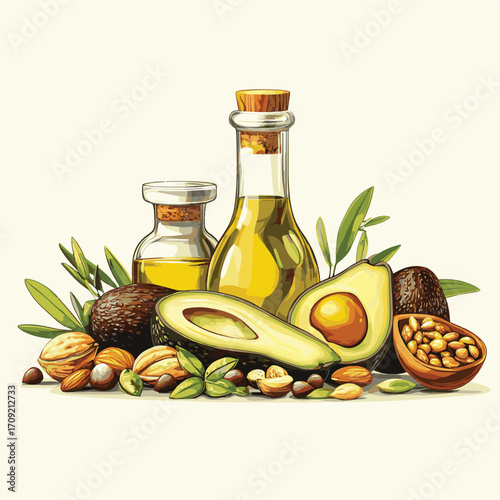 Assortment of nutritious fats avocado, nuts, seeds, and olive oil on display for customization , vector style simple color
