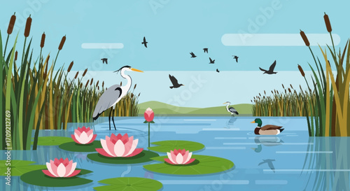 Serene pond with water lilies, heron, and ducks, surrounded by reeds under a clear blue sky with birds flying