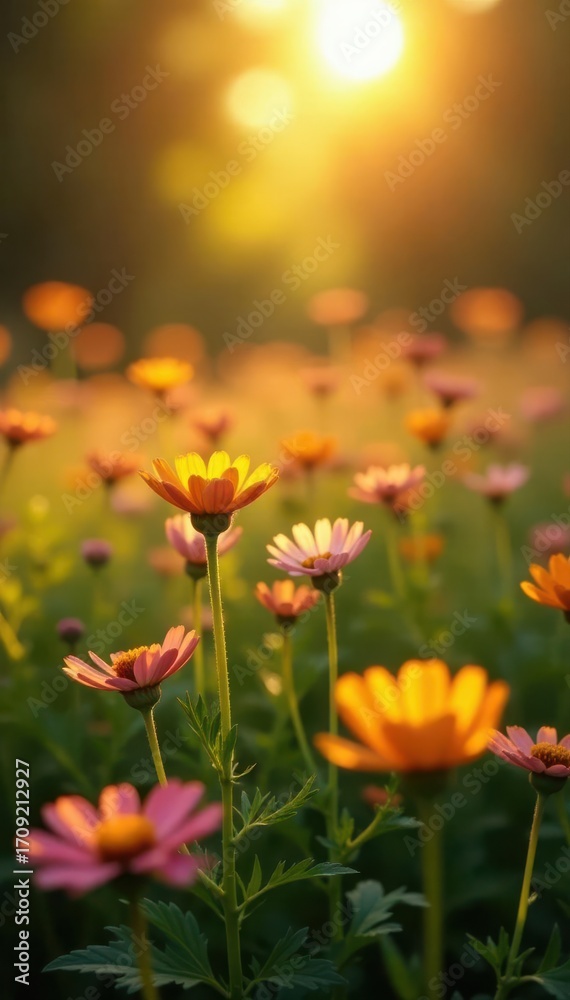 Fototapeta premium Golden light paints wildflowers with long shadows, creating a magical scene , landscape, sunset