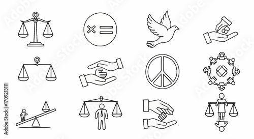 Vector Icons Representing Justice, Equality, Peace, Community, and Social Justice Concepts