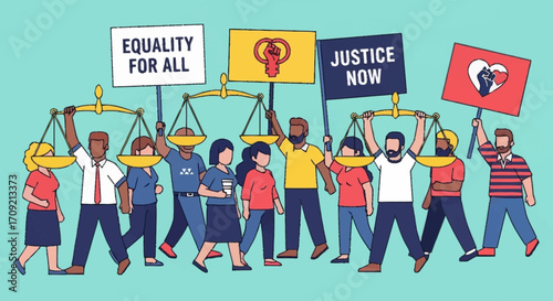 Diverse group of people advocating for justice and equality, holding scales and protest signs, symbolizing a unified movement for human rights and social change