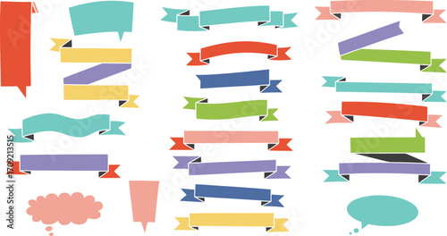 Colorful ribbon and speech bubble set perfect for design projects on transparent background