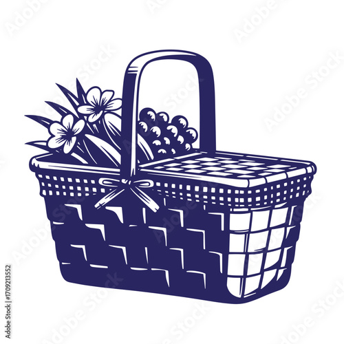 Elegant vintage picnic basket overflowing with flowers and grapes perfect for summer activities