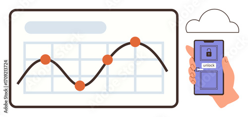 Graph with trend line and dots highlights data analysis, paired with smartphone showing locked cloud access. Ideal for analytics, security, tech, cloud storage, business, cybersecurity, innovation