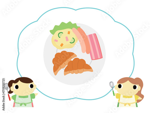 朝食メニューを紹介するエプロン姿の女性　クロワッサン