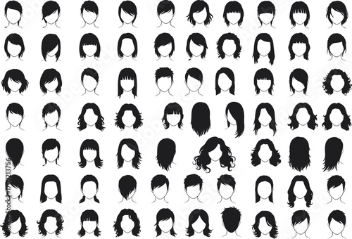 Collection of black silhouette female hairstyles and haircuts, vector icons set of woman hair styles, fashion beauty design elements for salons