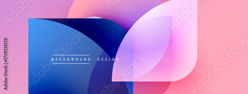 Abstract shapes overlap, creating vibrant gradients. Pink, blue, purple hues dominate composition. Modern design element.
