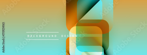 Abstract geometric shapes overlap, creating vibrant color gradients. Background features smooth transitions between teal, orange, yellow hues. Minimalist design.