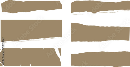 Six torn paper strips in tan shades on transparent background