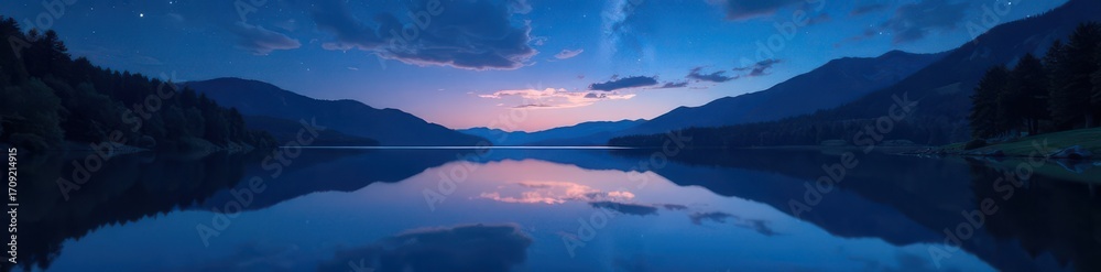 Fototapeta premium Serene lake, stars reflected, tranquil summer night , smooth, astro