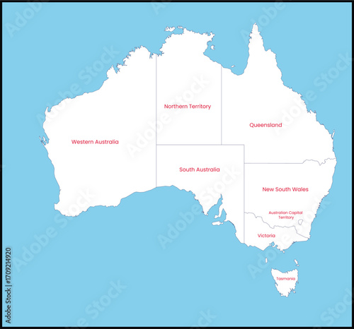 Map of Australia with regions labeled in red on a blue background.eps