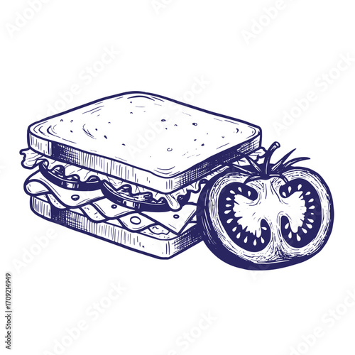 Hand drawn illustration of a delicious sandwich with fresh tomato slice for food concepts