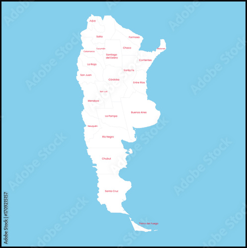 Map of Argentina with regions labeled in red on a blue background.eps
