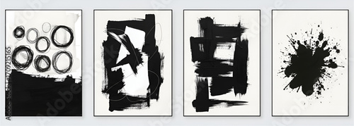Modern abstract black and white art print collection Four minimalist graphic designs with bold brushstrokes and expressive forms, perfect for contemporary interior decor
