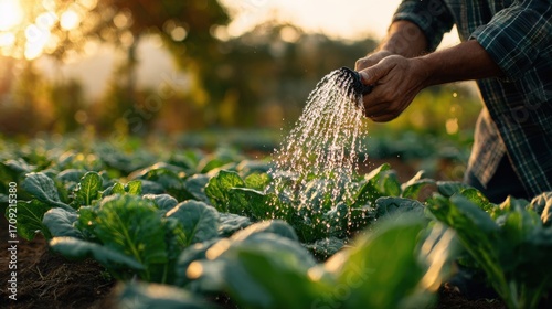 Person Watering Lush Green Vegetable Garden at Sunset