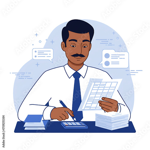 Accountant Working on Financial Report with Calculator and Documents Vector Illustration