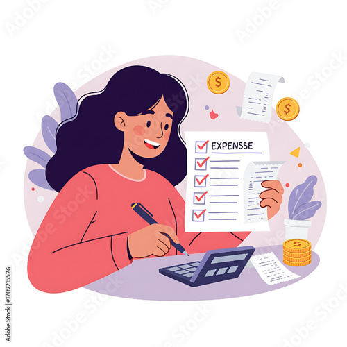 Woman calculating expenses, financial planning and budget management concept illustration