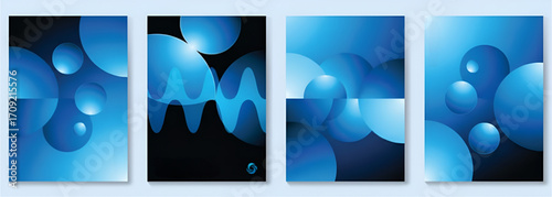Dynamic blue abstract background collection featuring floating spheres and wavy lines, perfect for modern digital graphic design templates with gradient effects