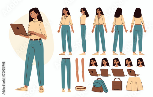 Casual young business woman holding laptop. Character constructor for animation. Front, side and back view set. Body parts, postures, poses collection. Vector illustration. 