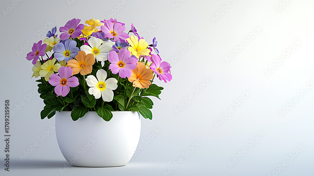 Fototapeta premium Vibrant arrangement of colorful primula flowers in white pot, showcasing mix of purple, yellow, and pink blooms, radiating joy and beauty