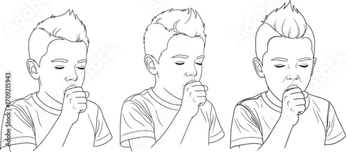Cartoon child coughing into hand, black and white line art illustration, hygiene education, health awareness, sickness prevention, germs, safety, school