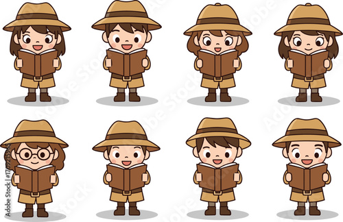 Explorer children reading books, cartoon characters, safari outfit, beige clothing, vector illustration, educational theme, smiling faces, adventure concept, isolated, group design