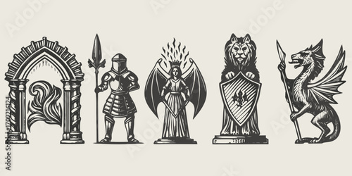 Collection of fantasy medieval gothic style illustrations featuring mythical creatures and figures