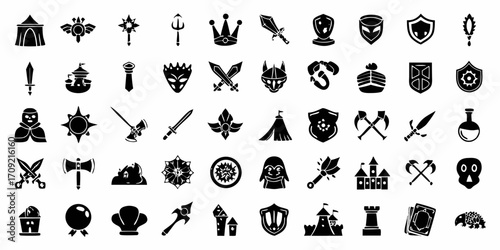 Collection of fantasy game icons featuring weapons armor shields castles potions and characters in a flat design style