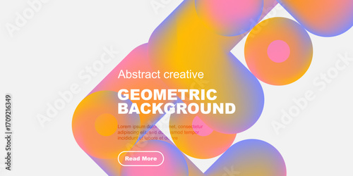 Vibrant geometric shapes overlap, creating colorful background. Text promotes creative design, includes button. Modern aesthetic.