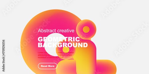 Abstract geometric background features vibrant orange, yellow, pink gradients. Text overlay includes sample content, button. Minimalist design.