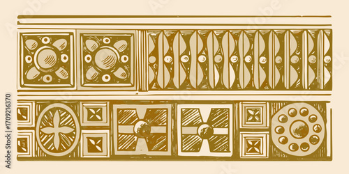 Decorative horizontal border with repeating geometric patterns and stylized floral motifs in brown tones