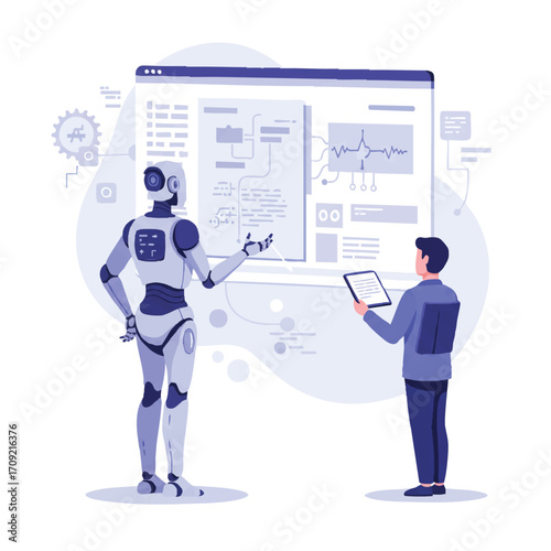 A sleek robot delivers a presentation on a large screen displaying complex algorithms and code, a vibrant 2D flat vector illustration symbolizing artificial intelligence development and communication.