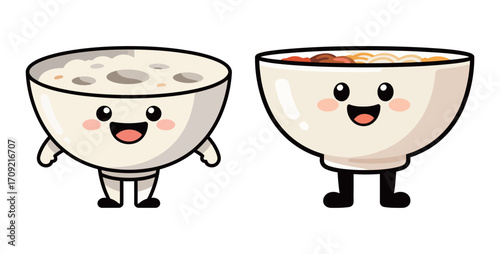 Funny cartoon bowls, one with a meal and the other empty, both with smiling faces and legs.